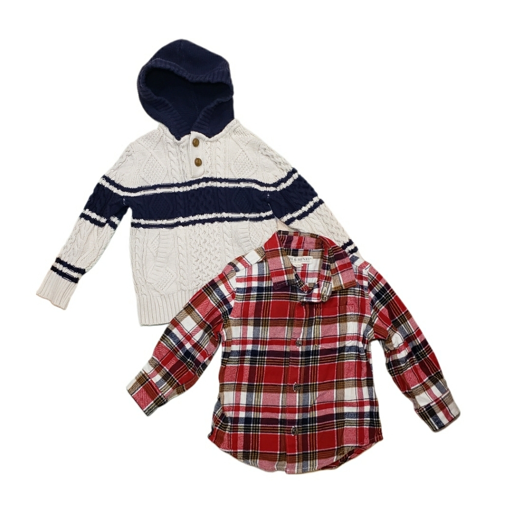 Hope and Henry 18-24m Bundle - Plaid Flannel Shirt and Cable Knit Hooded Sweater